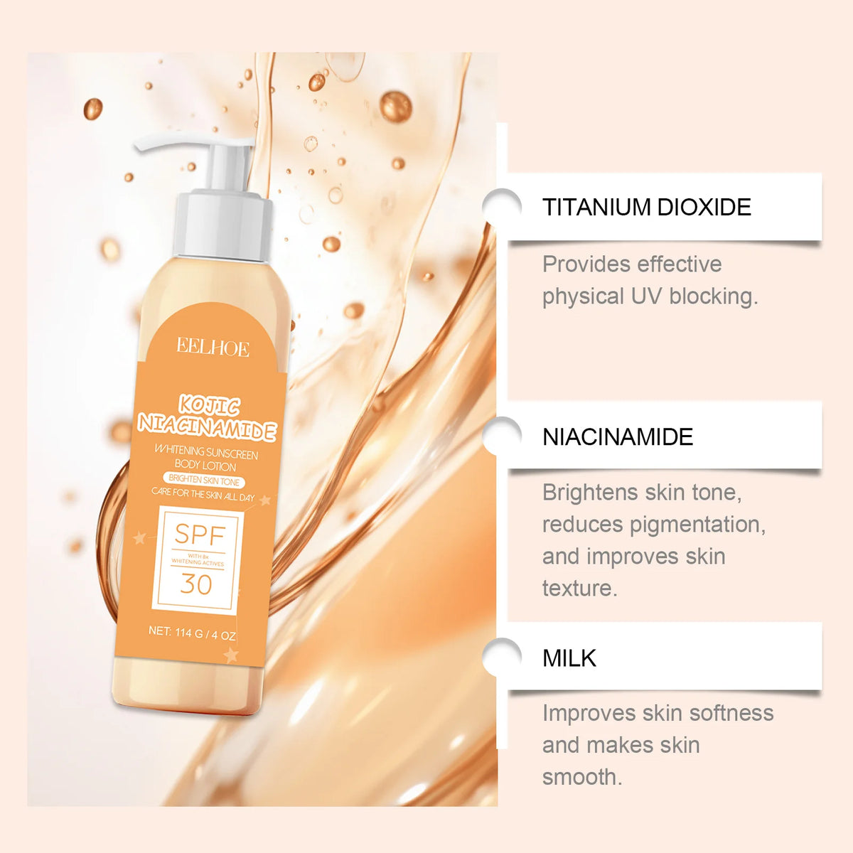 EELHOE Brightening & UV Protective Body Lotion key ingredients listed on beige background.