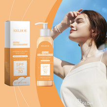 EELHOE Brightening & UV Protective Body Lotion with woman shielding face from sun on gradient background.