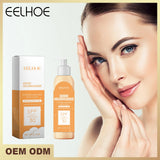 EELHOE Brightening & UV Protective Body Lotion with woman touching face showing glowing skin results.