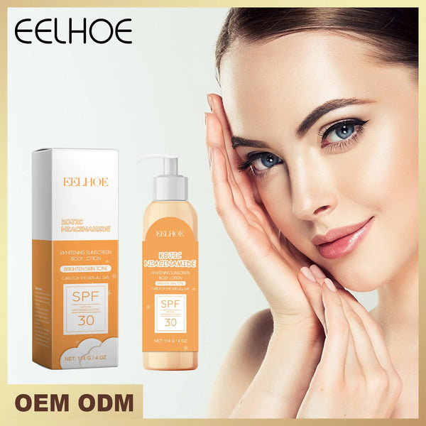 EELHOE Brightening & UV Protective Body Lotion with woman touching face showing glowing skin results.