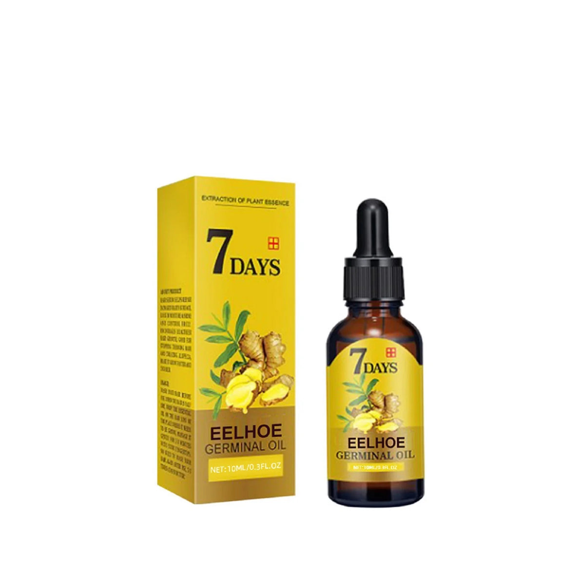 eelhoe Ginger Hair Regrowth and Scalp Treatment Oil packaging detail showing hair growth formula and benefits.