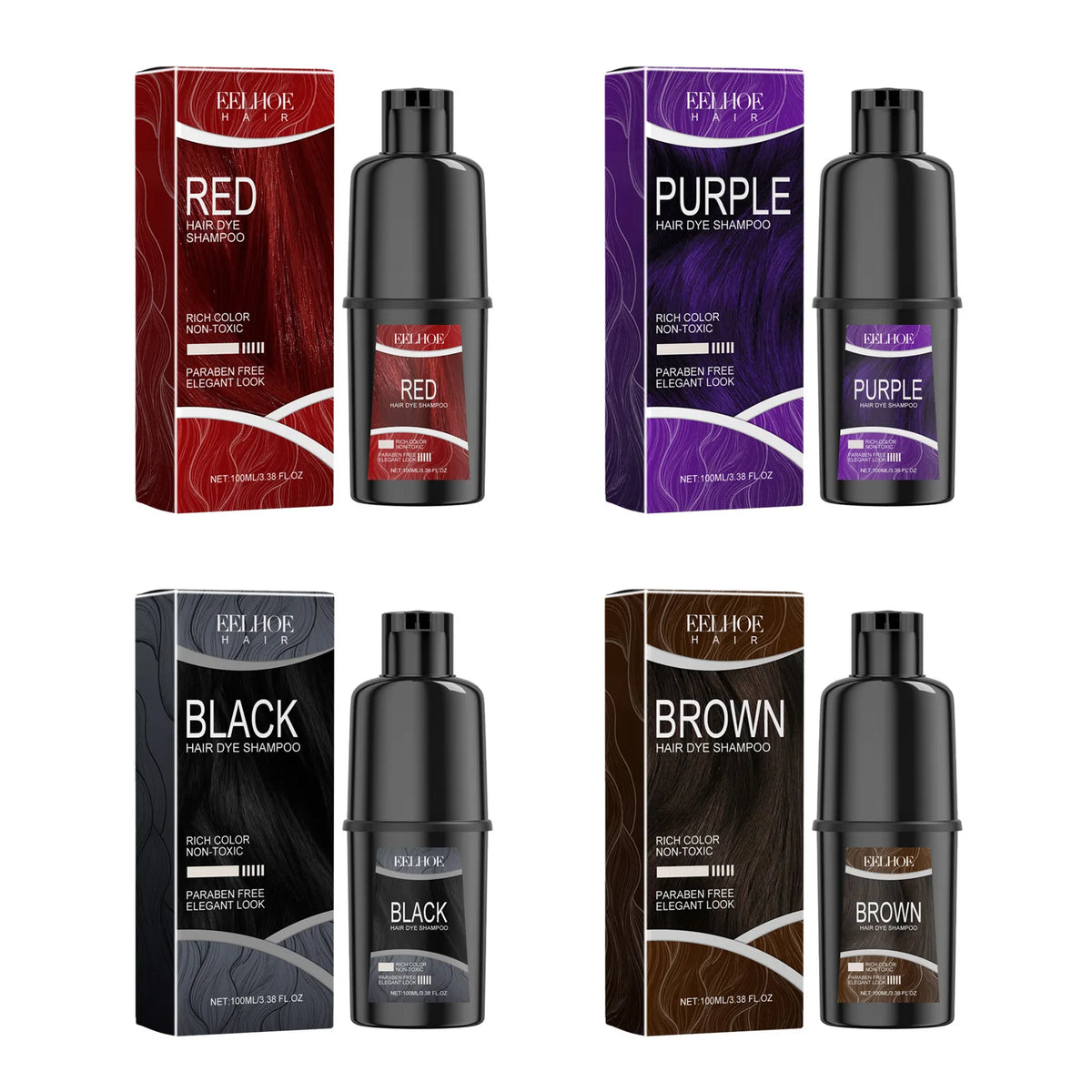 Eelhoe Hair Dye Shampoo color options in red, purple, black, and brown with packaging on white background.