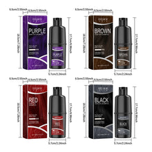 Eelhoe Hair Dye Shampoo measurement chart showing purple, brown, red, and black options with dimensions.