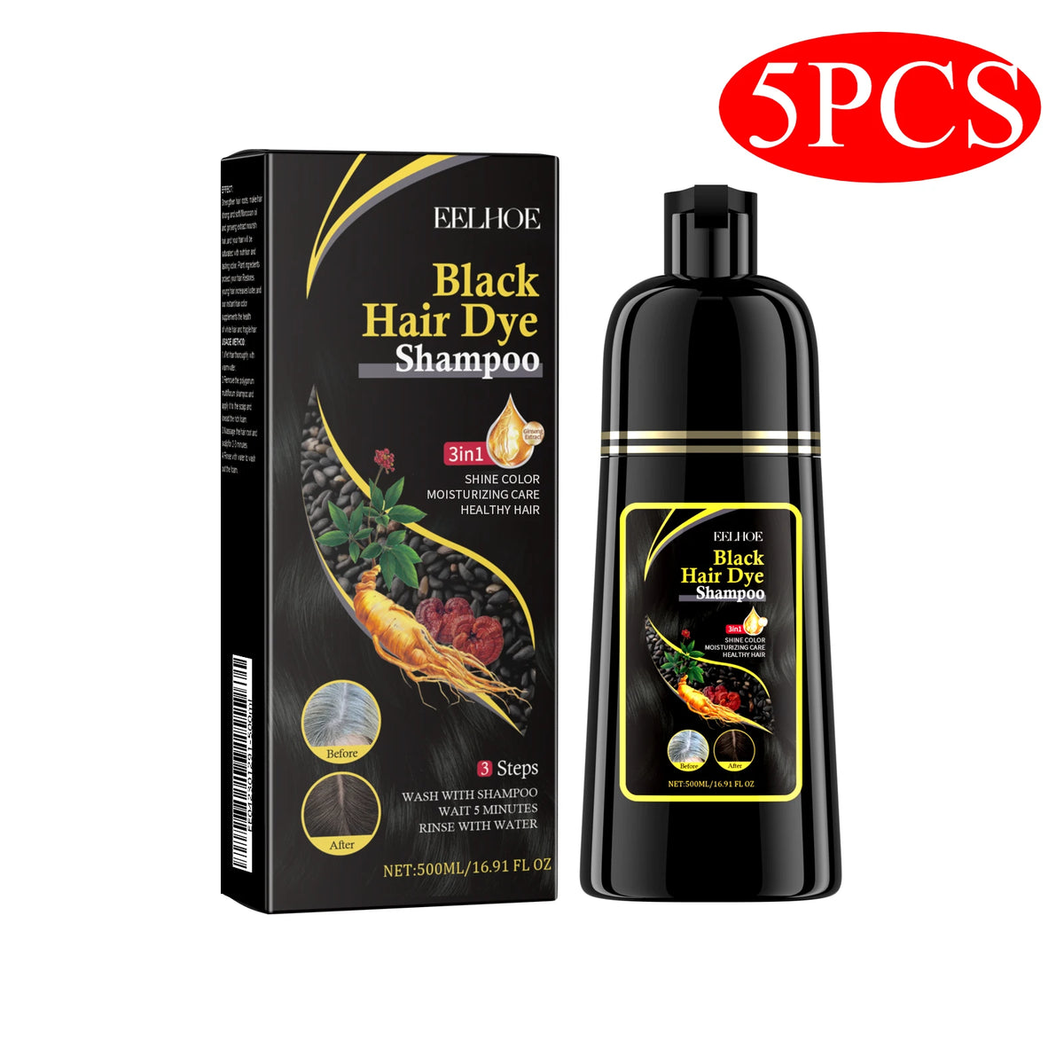 Eelhoe Herbal Black Hair Dye Shampoo box and bottle packaging on white background.