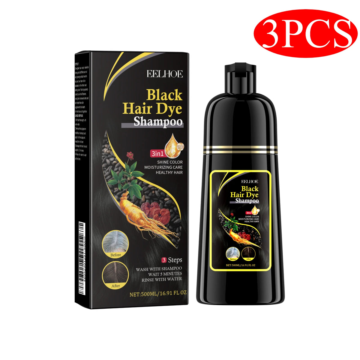 Eelhoe Herbal Black Hair Dye Shampoo packaging and bottle on white background for gray coverage.
