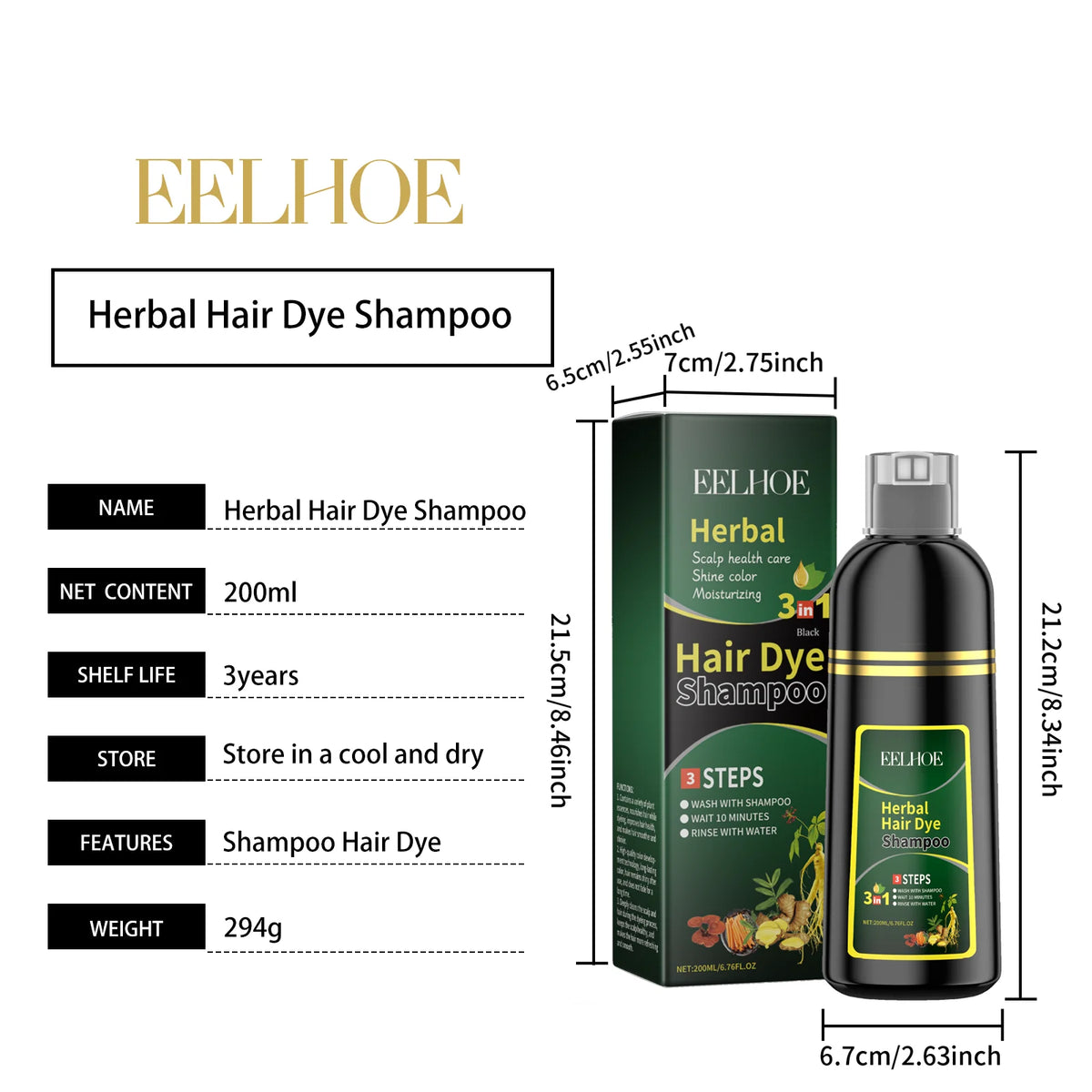 Eelhoe Herbal Hair Dye Shampoo 200ml packaging with dimensions and product details on white background.