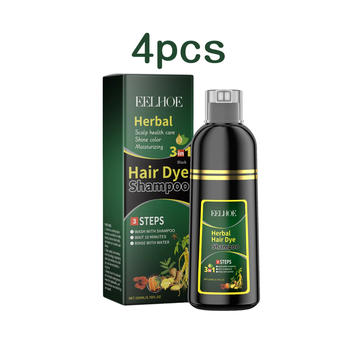 Eelhoe Herbal Hair Dye Shampoo 200ml product shot with bottle and packaging on white background.