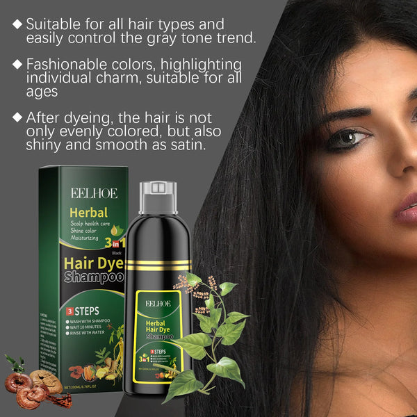 Eelhoe Herbal Hair Dye Shampoo 200ml with woman's face and hair care benefits.