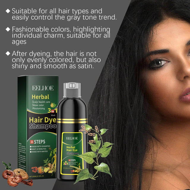 Eelhoe Herbal Hair Dye Shampoo 200ml with woman's face and hair care benefits.