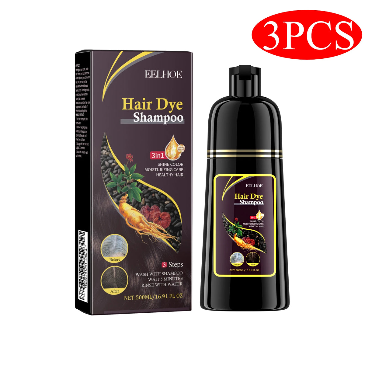 Eelhoe Herbal Hair Dye Shampoo 3-piece set packaging and bottles on white background.