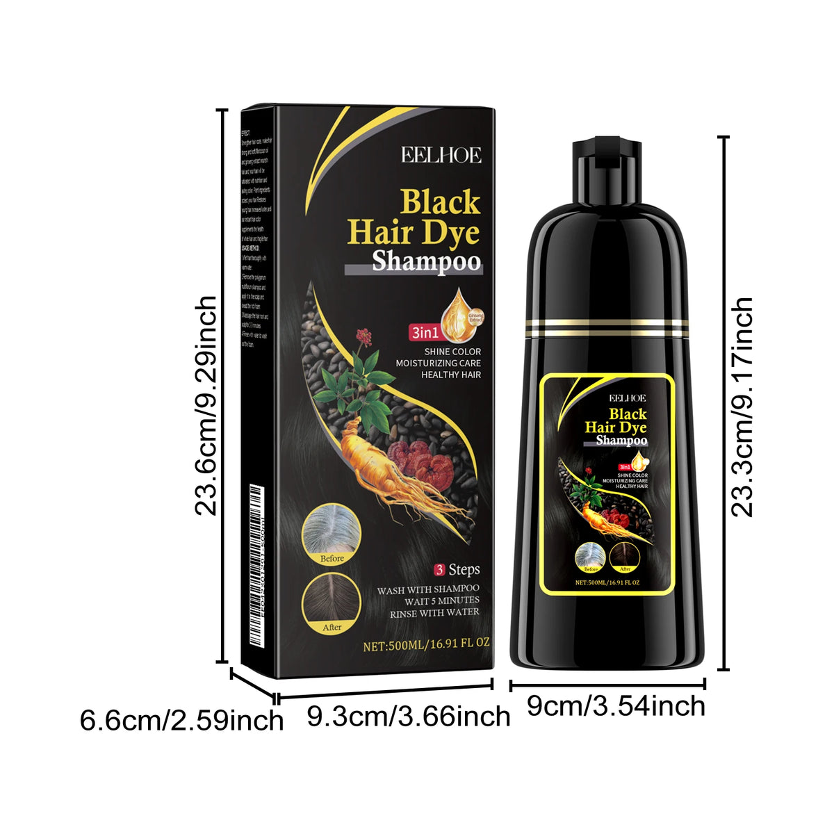 Eelhoe Herbal Hair Dye Shampoo 500ml packaging and dimensions on white background.