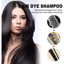 Eelhoe Herbal Hair Dye Shampoo advertisement with woman showing long black hair and product benefits.