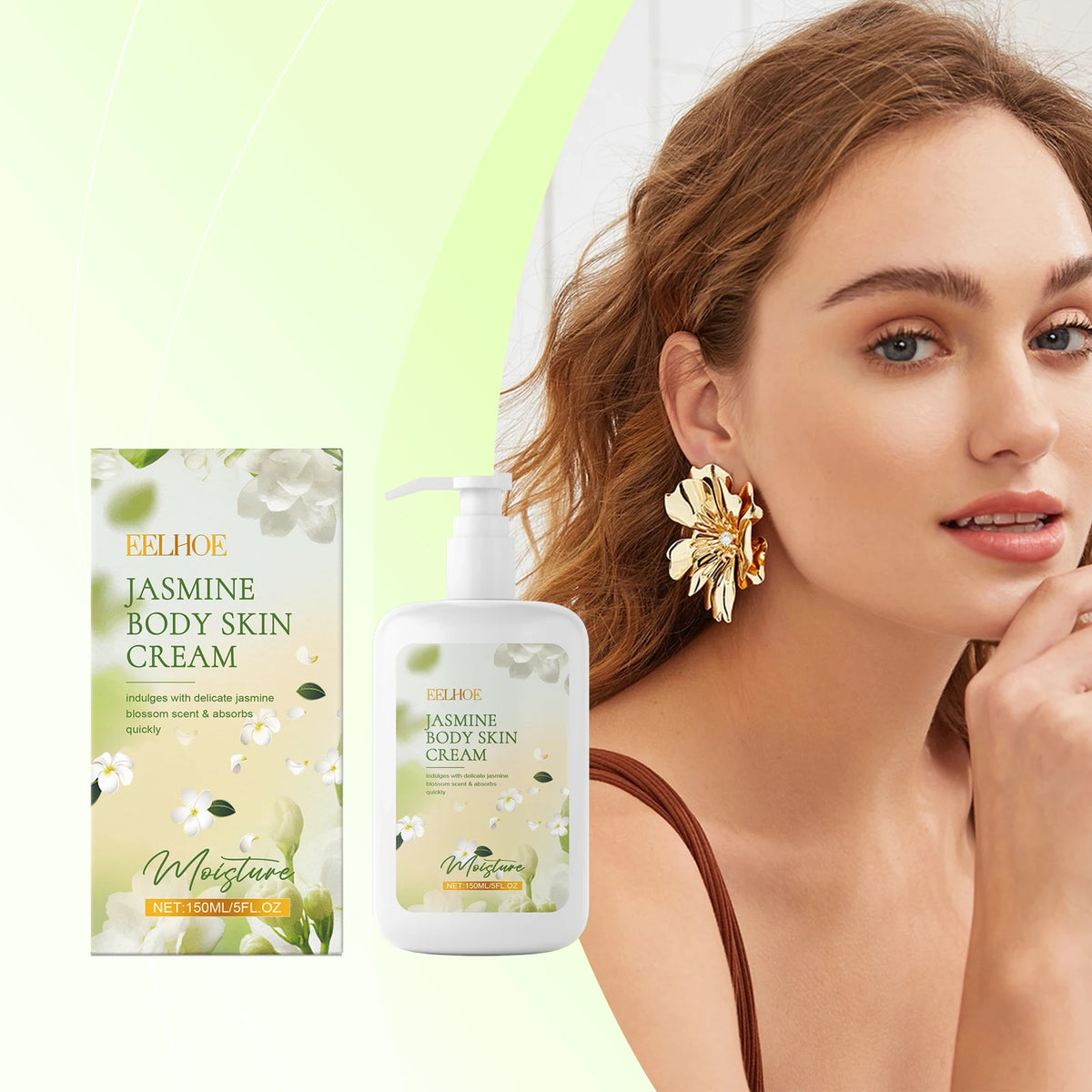 EELHOE Jasmine Moisturizing Body Lotion packaging with model on light green background.