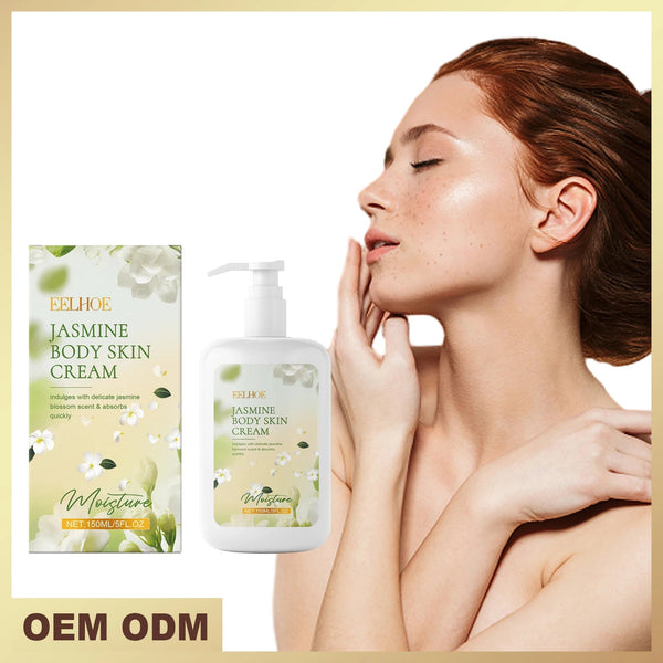 EELHOE Jasmine Moisturizing Body Lotion packaging with model applying cream to skin.