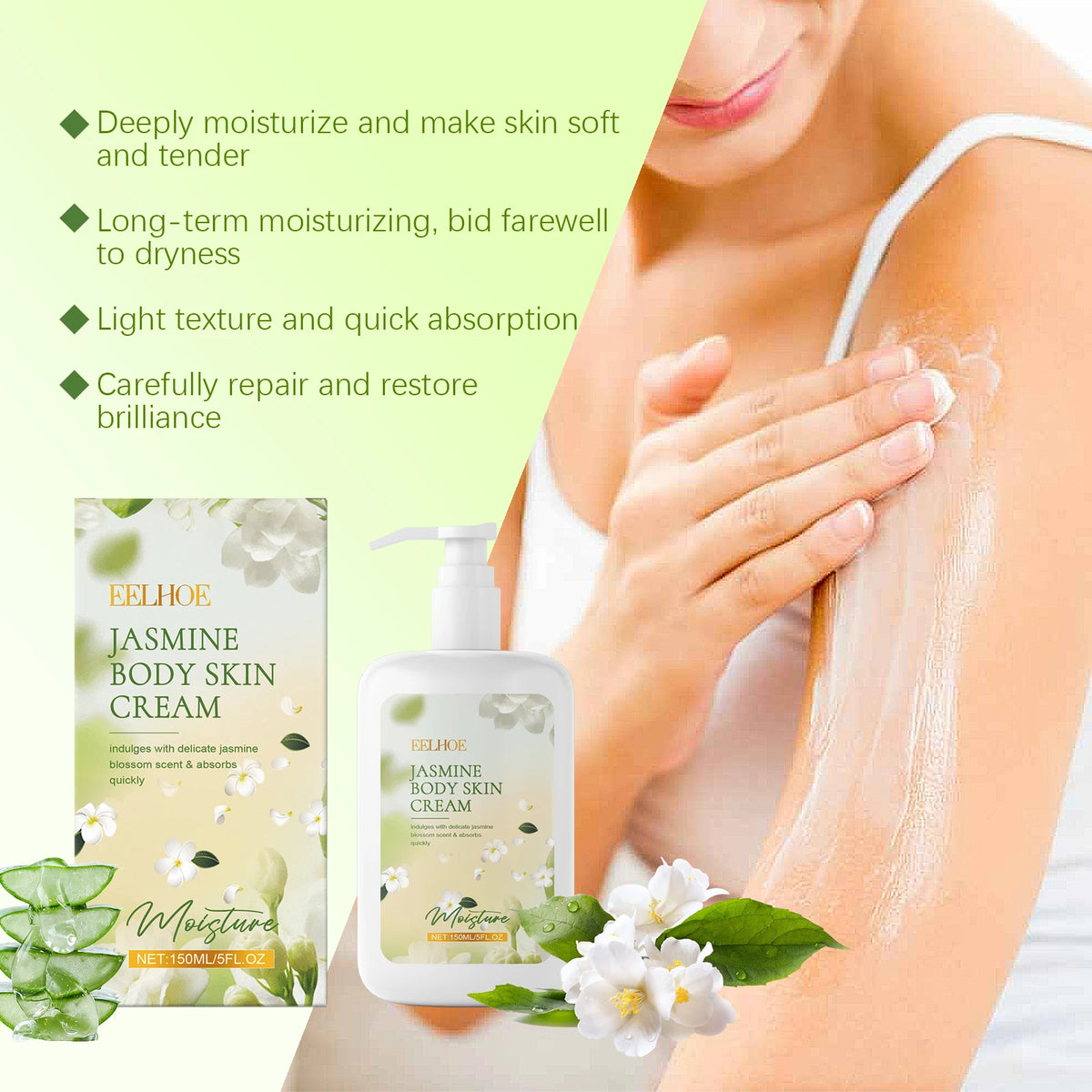 EELHOE Jasmine Moisturizing Body Lotion packaging with product highlights on green background.