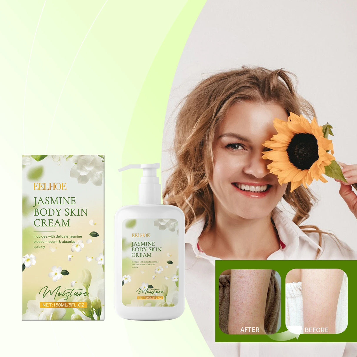 EELHOE Jasmine Moisturizing Body Lotion pump bottle and packaging with woman using product.