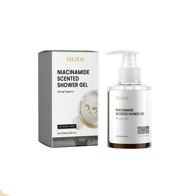 Eelhoe Perfumed Brightening Body Wash Gel 100ml packaging and bottle on a beige background.