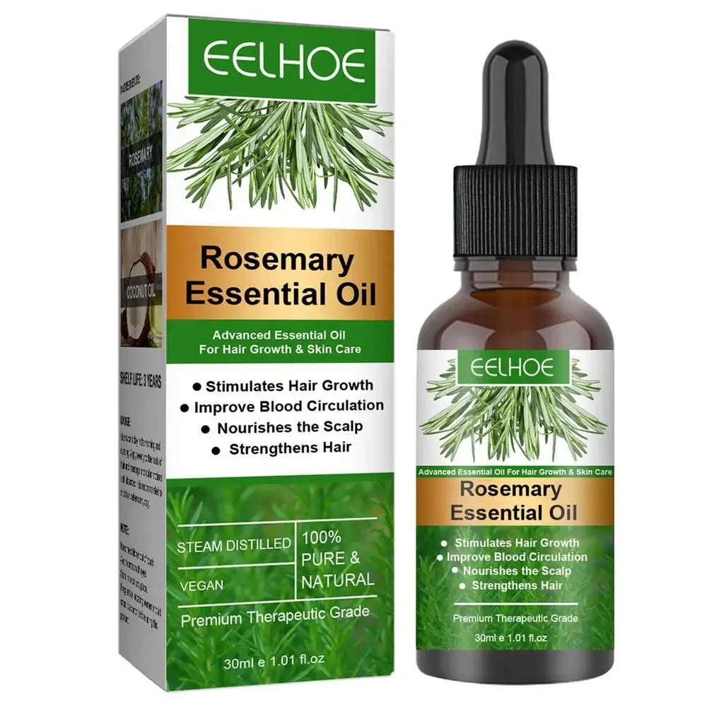 eelhoe Rosemary Essential Hair Growth Oil bottle and packaging on white background for daily hair growth treatment.