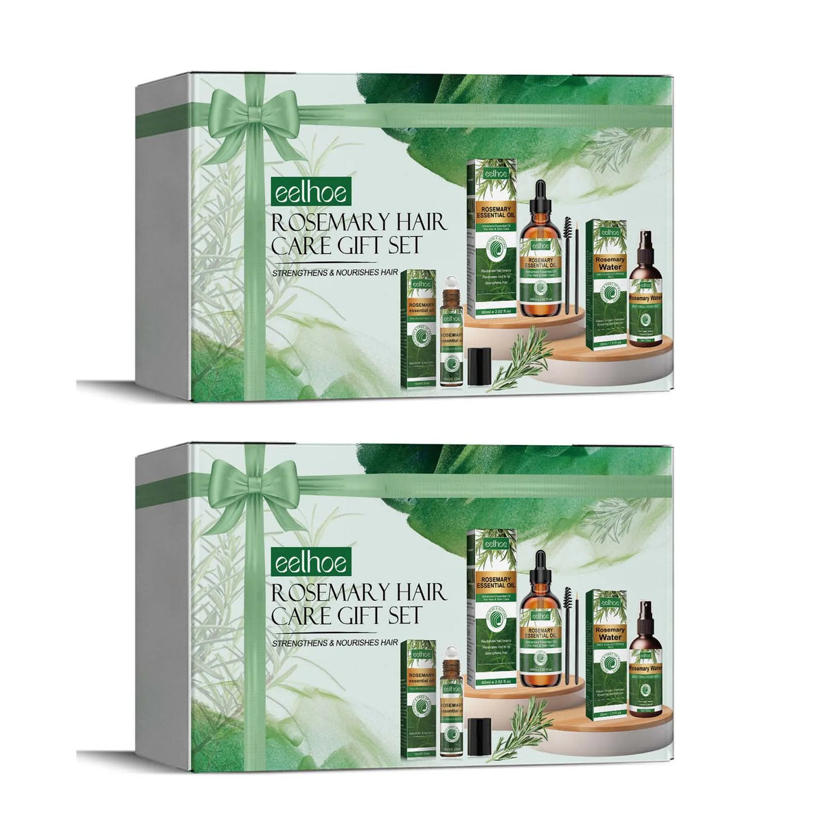 eelhoe Rosemary Hair Care Set bottles and packaging with rosemary leaves on white background.