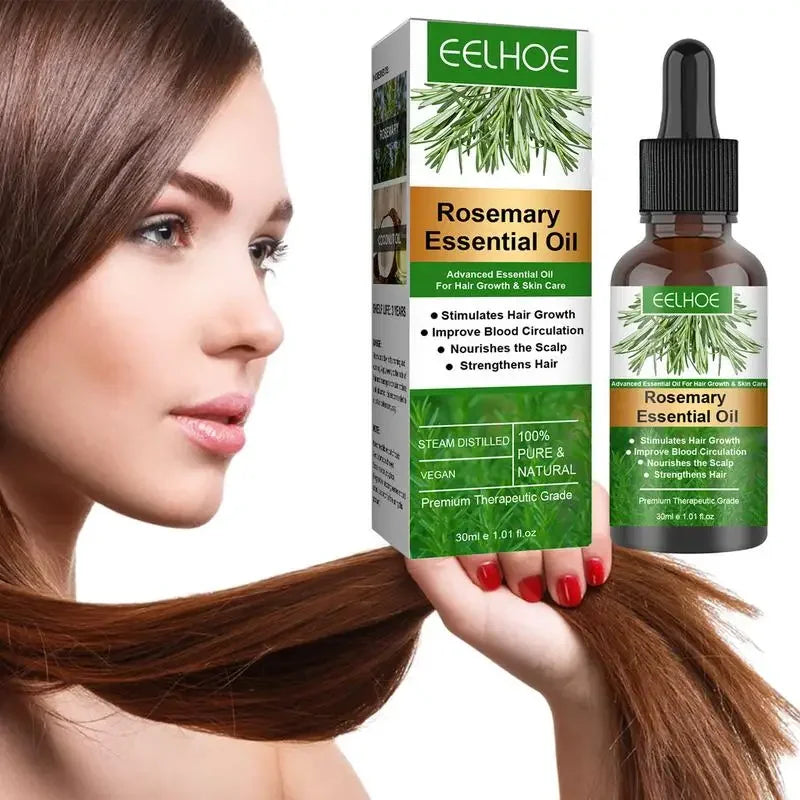 eelhoe Rosemary Essential Hair Growth Oil bottle and packaging with woman showing long healthy hair after use.