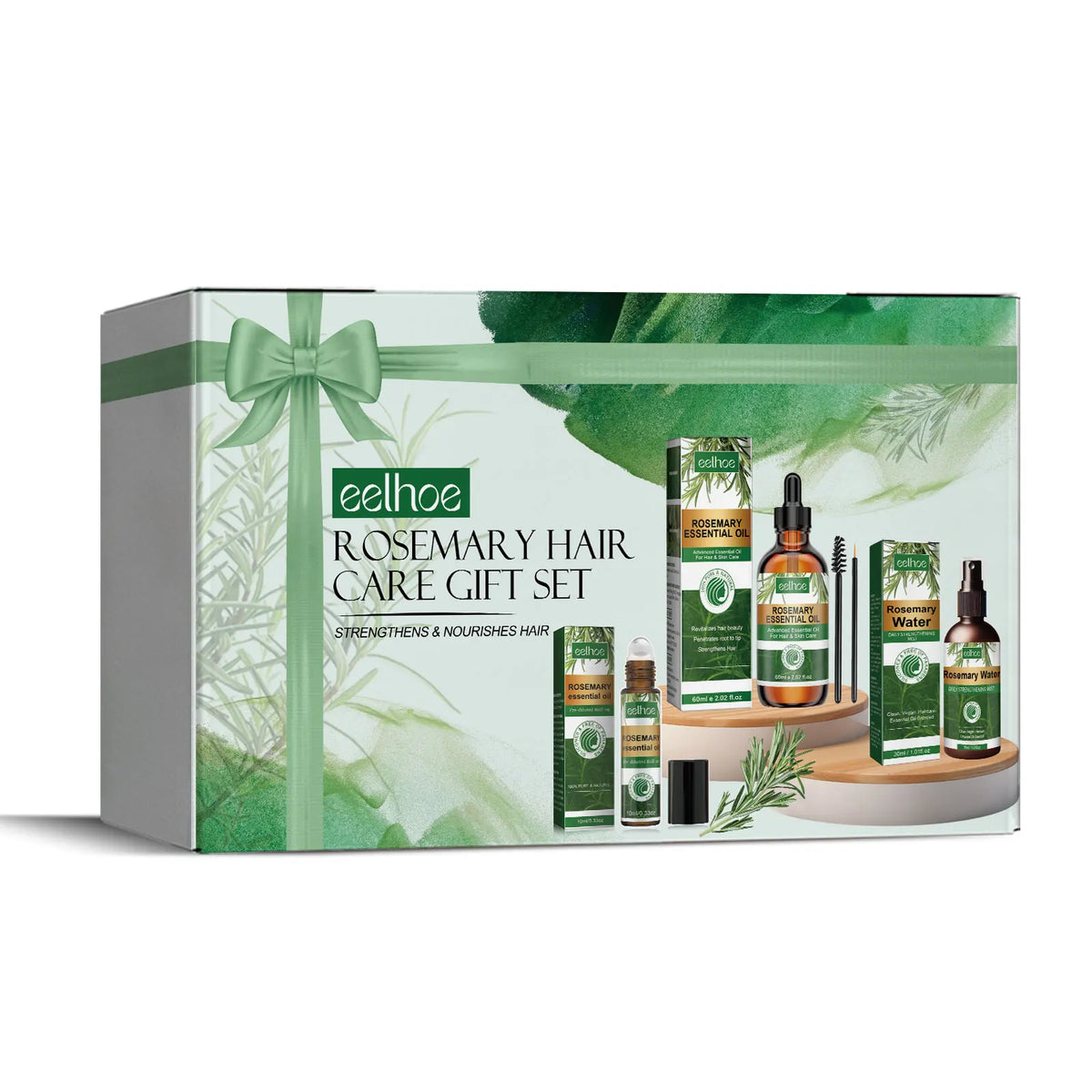 eelhoe Rosemary Hair Care Set gift presentation with rosemary sprigs and complete product set.