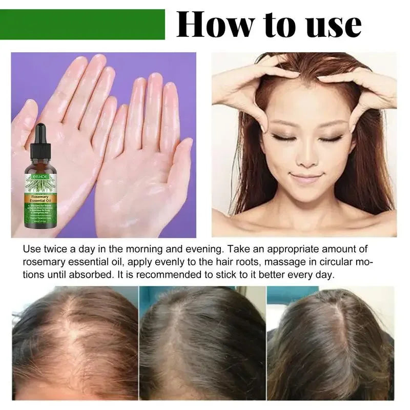 eelhoe Rosemary Essential Hair Growth Oil usage instructions showing application steps for scalp treatment and hair growth.