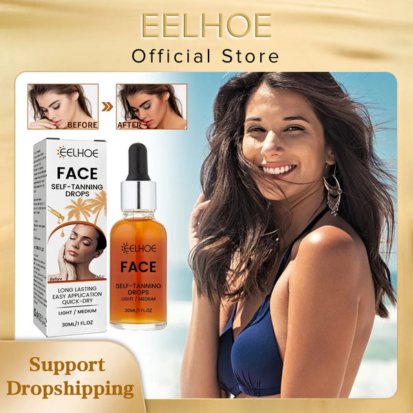 EELHOE Self Tanning Drops for face and body with packaging and woman on beach with bronzed skin.