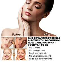 EELHOE Self Tanning Drops before and after comparison showing natural bronze glow on skin.