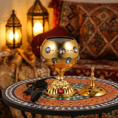 Electric Arabian Style Incense Burner in gold for meditation, relaxation, and home decor.