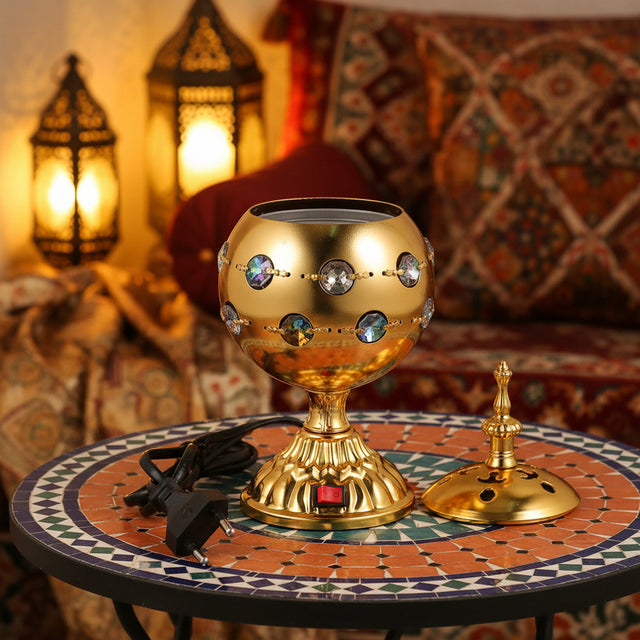 Electric Arabian Style Incense Burner in gold for meditation, relaxation, and home decor.