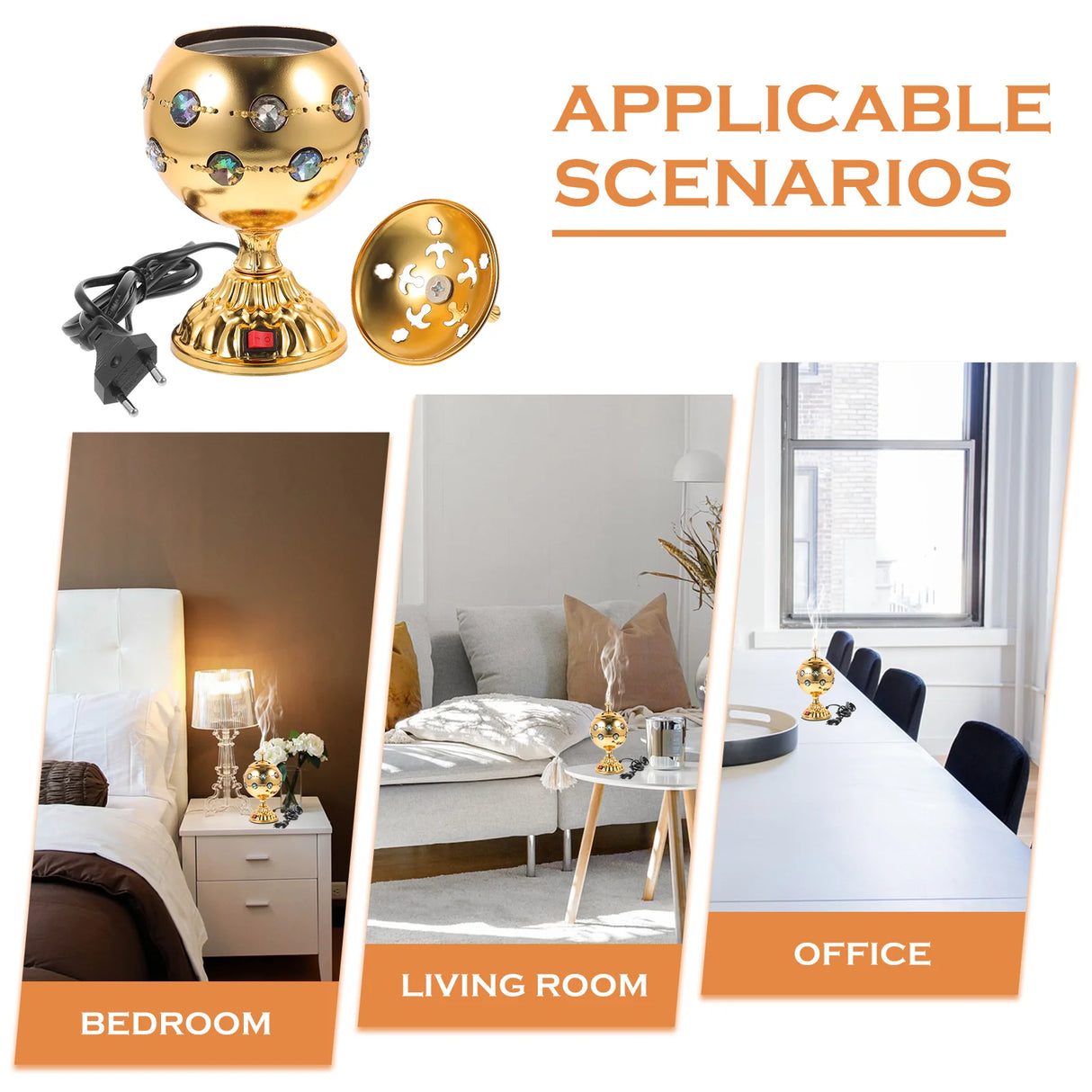 Electric Arabian Style Incense Burner shown in bedroom, living room, and office settings.