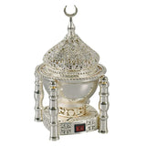 Electric metal incense burner for bakhoor and oud use during relaxation, hospitality, and worship.