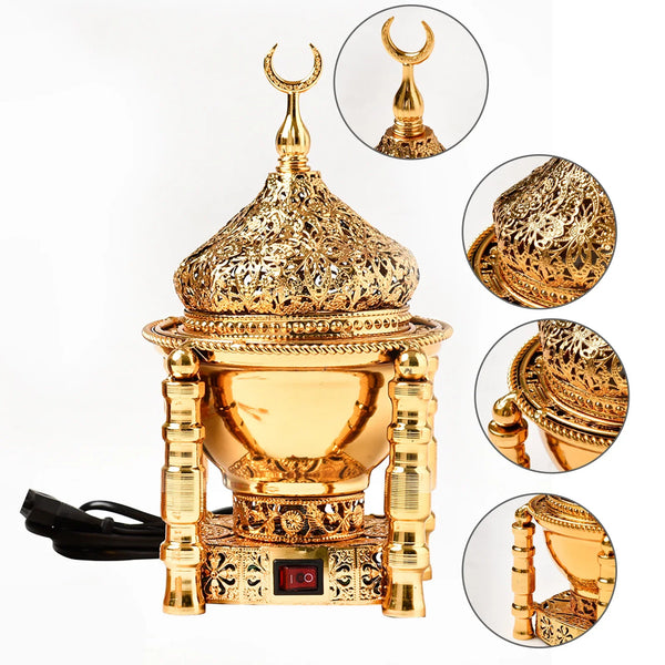 Electric metal bakhoor burner for heating incense and oud during home fragrance and prayer use.