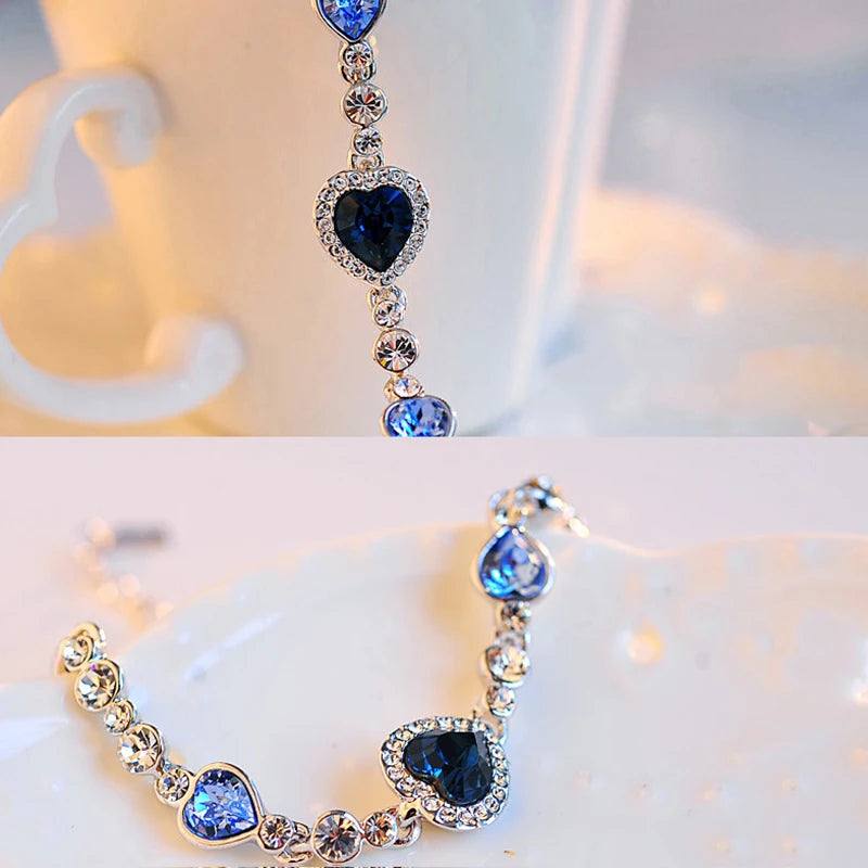 Elegant Blue Heart Crystal Charm Bracelet jewelry bracelet for party wear, evening fashion, and gift use.