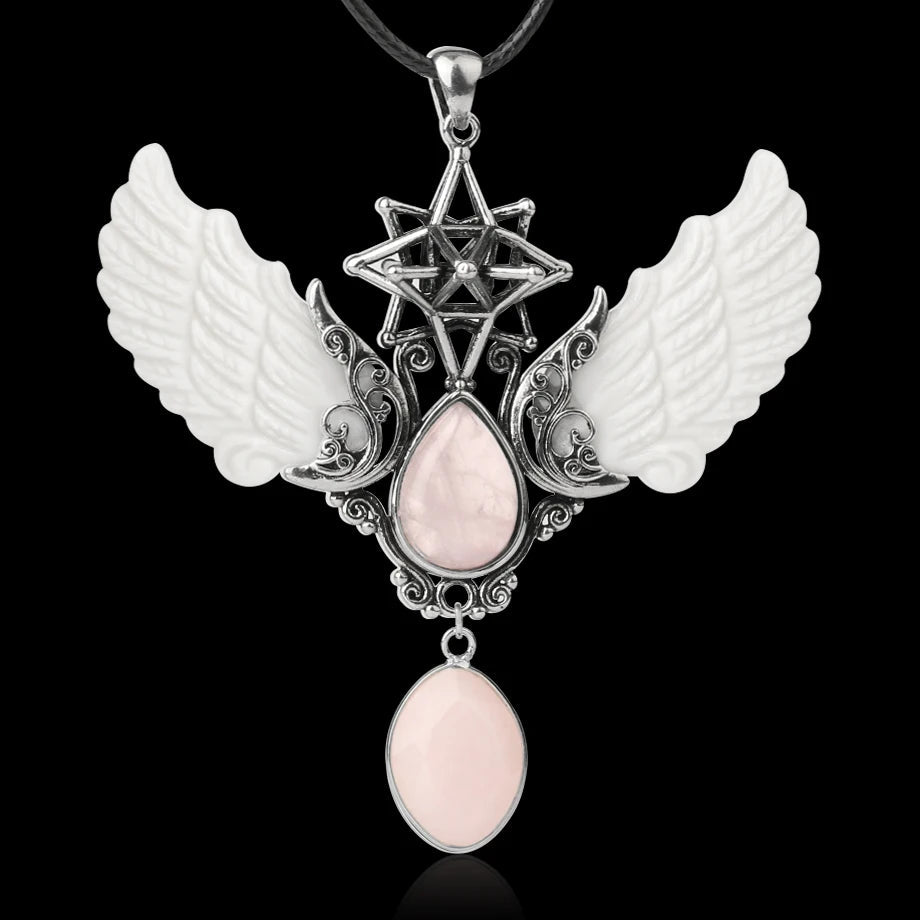 Elegant Merkaba Water Drop Angel Wing necklace pendant for dressy jewelry wear, spiritual fashion styling, and special gift use.