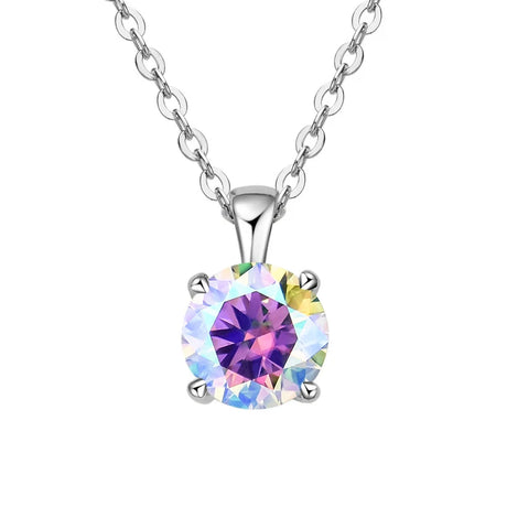 Elegant moissanite four-prong necklace with sparkling pendant for evening wear, formal occasions, and anniversary gifts.