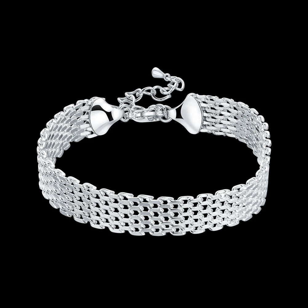 Elegant square-link chain bracelet in sterling silver for evening wear, refined outfit styling, and versatile jewelry use.