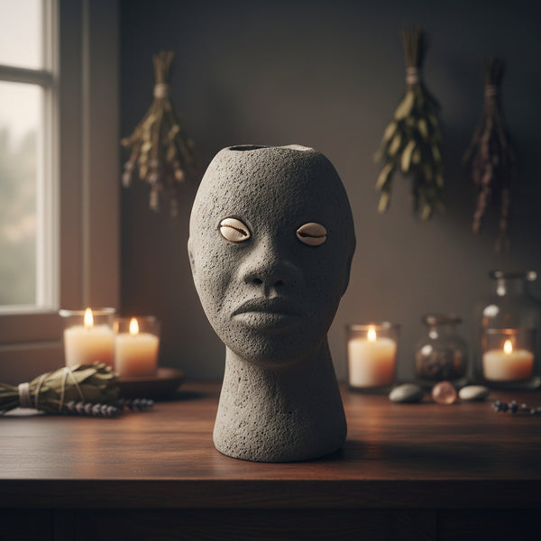 Elegua head statue, 7 inches, cowrie shell detailing