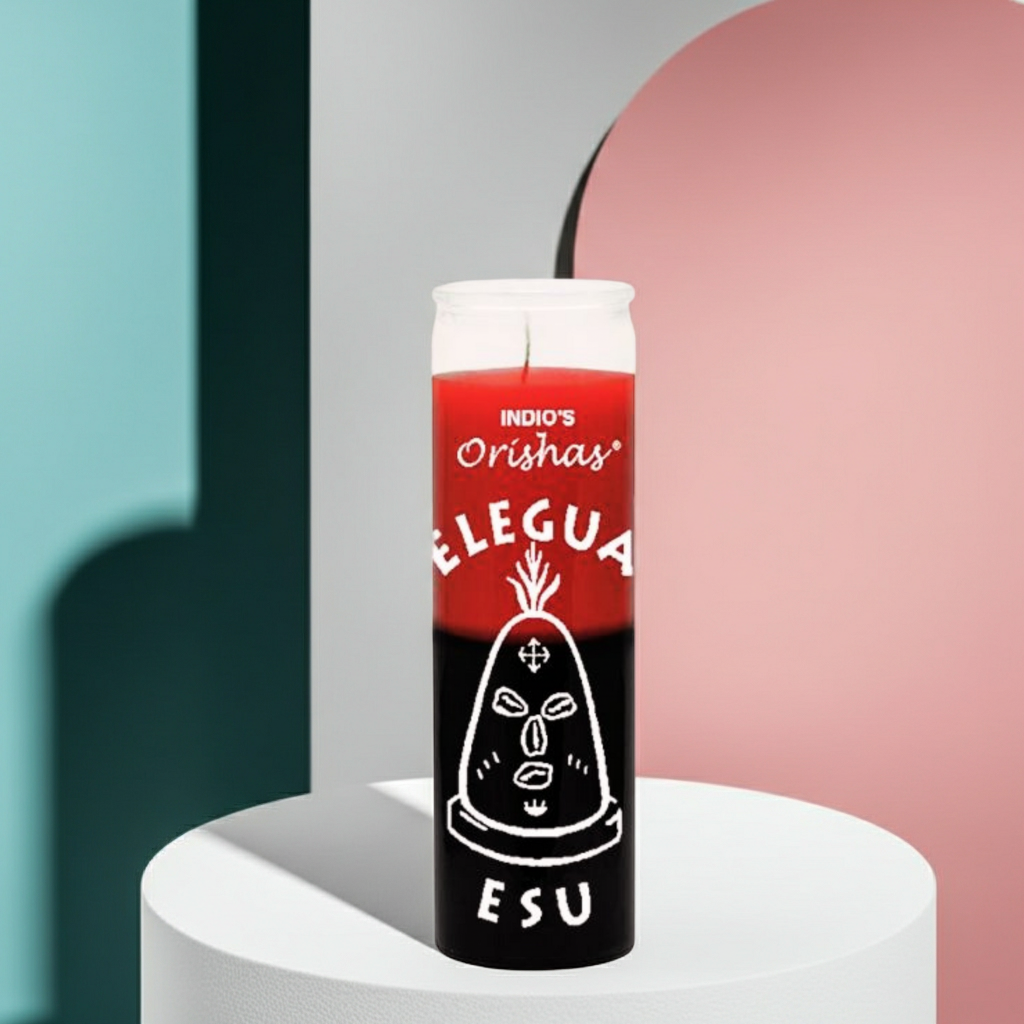 ELEGUA-ORISHAS 7 day candle glass jar for prayer, protection work, and ceremonial spiritual practice.