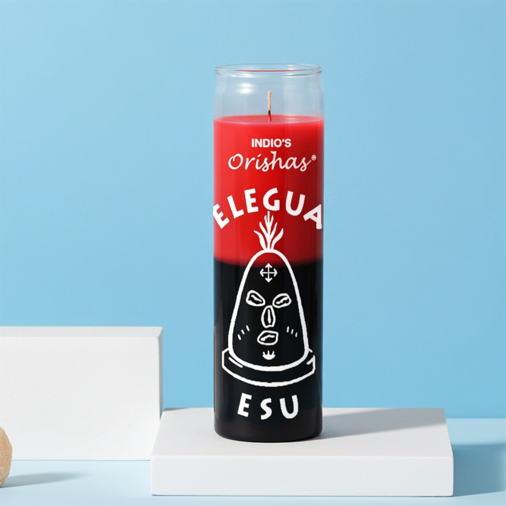 ELEGUA-ORISHAS red and black 7 day candle in glass jar for altar work, spiritual offerings, and devotional ritual use.