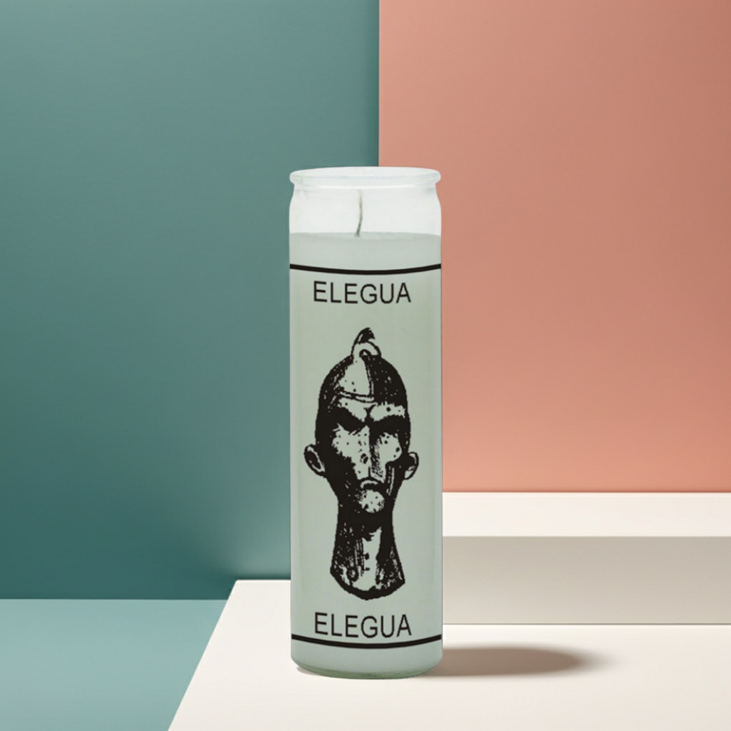 Elegua white glass jar candle for altar setup, devotional practice, and ritual candle burning.