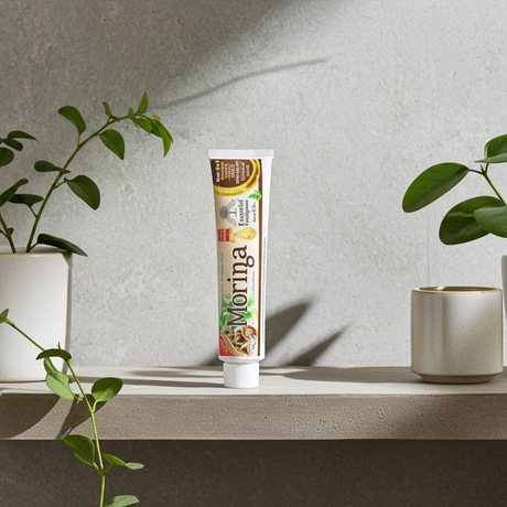 Moringa Essential Toothpaste tube for tooth brushing, mouth care, and daily dental hygiene use.