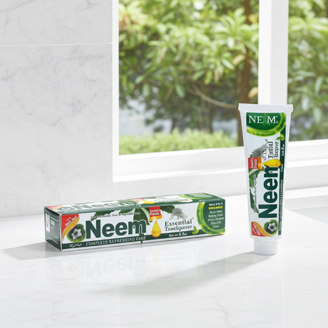 Neem Essential Toothpaste tube for tooth brushing, mouth care, and daily dental hygiene use.