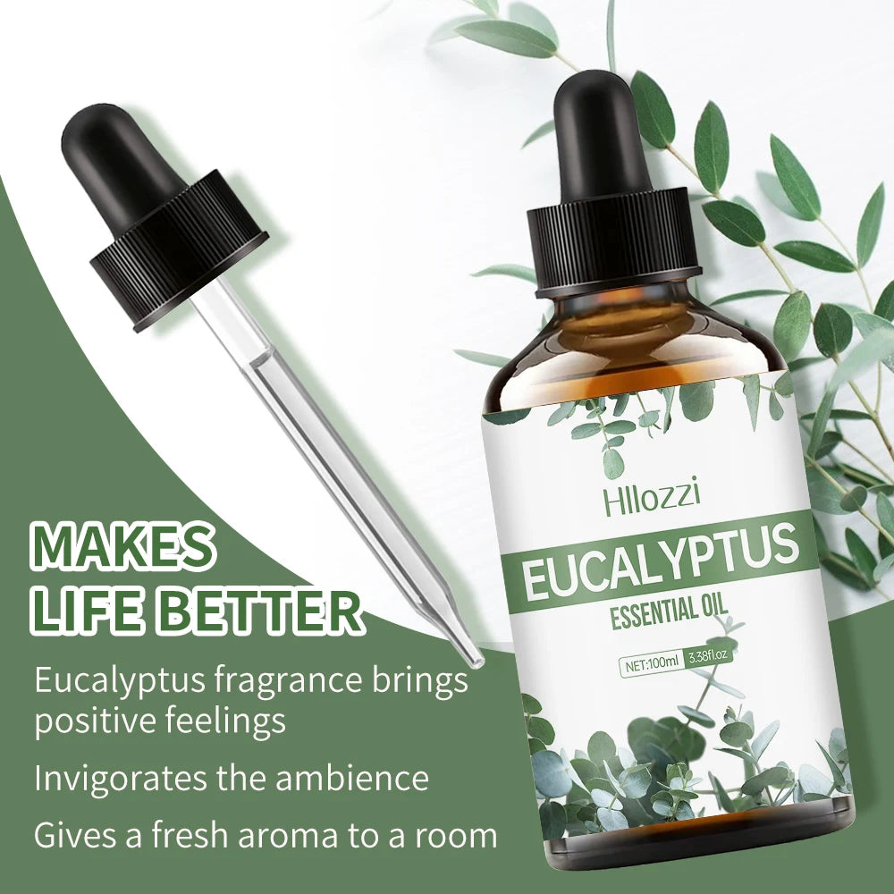 Eucalyptus face and body care essential oil bottle for soothing skin routines and daily personal care.