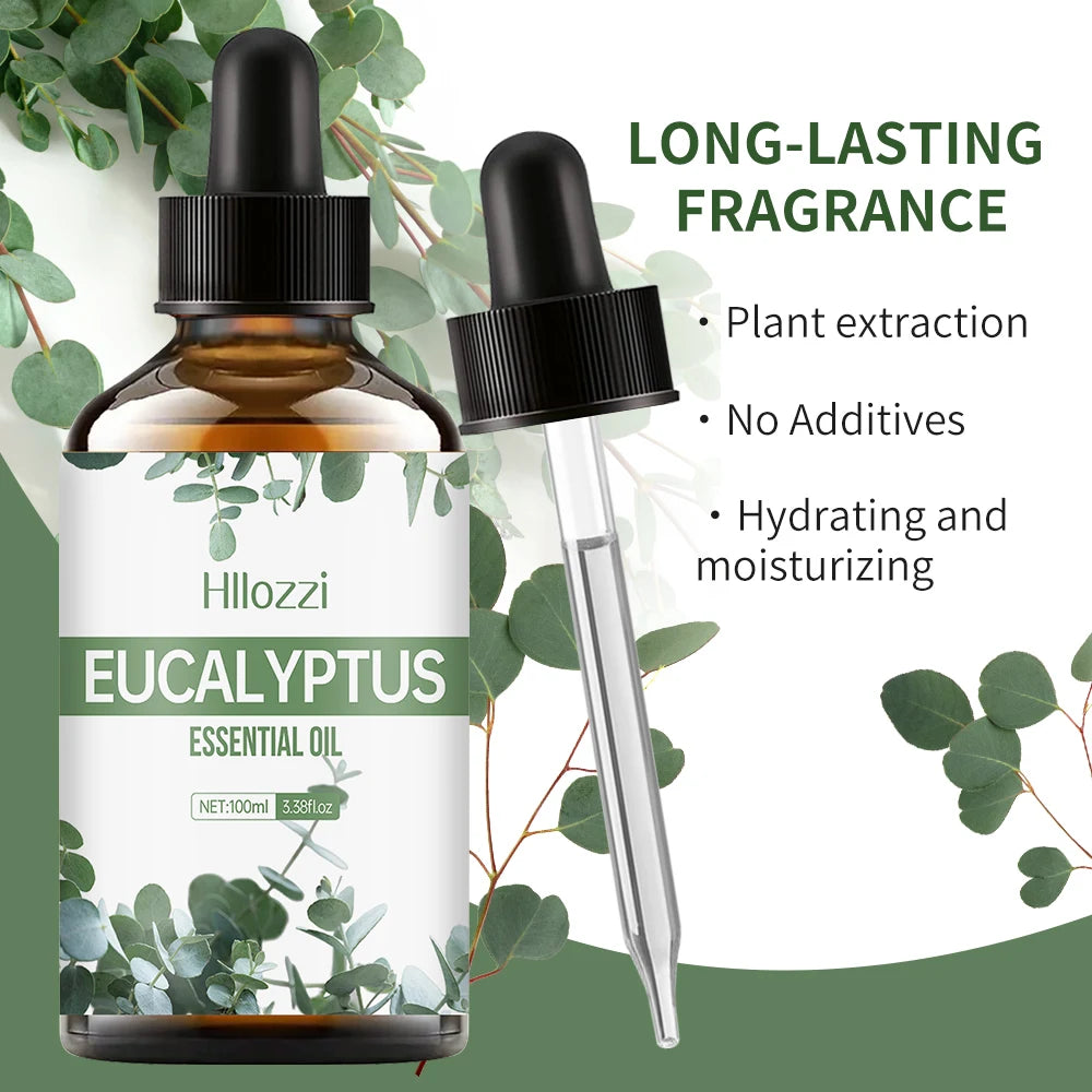 Eucalyptus oil bottle for face care, body massage, and relaxing self-care use.