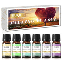 EUQEE cozy home aroma oils gift set with 6 bottles for diffusers, room refreshment, and comforting fragrance use.