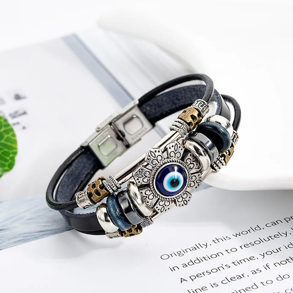 Evil Eye black leather bracelet for men with protective charm styling for daily wear, spiritual symbolism, and casual fashion use.