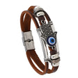 Evil Eye Fatima Hand leather charm bracelet for everyday wear, spiritual protection, and symbolic fashion styling.