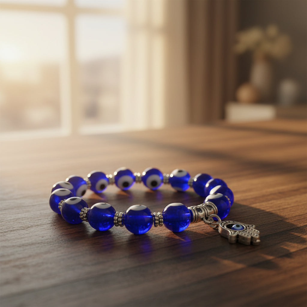Evil Eye protection elastic bracelet with Fatima Hand charm