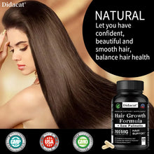Woman with long hair next to a bottle of Didacat Hair Growth Formula.